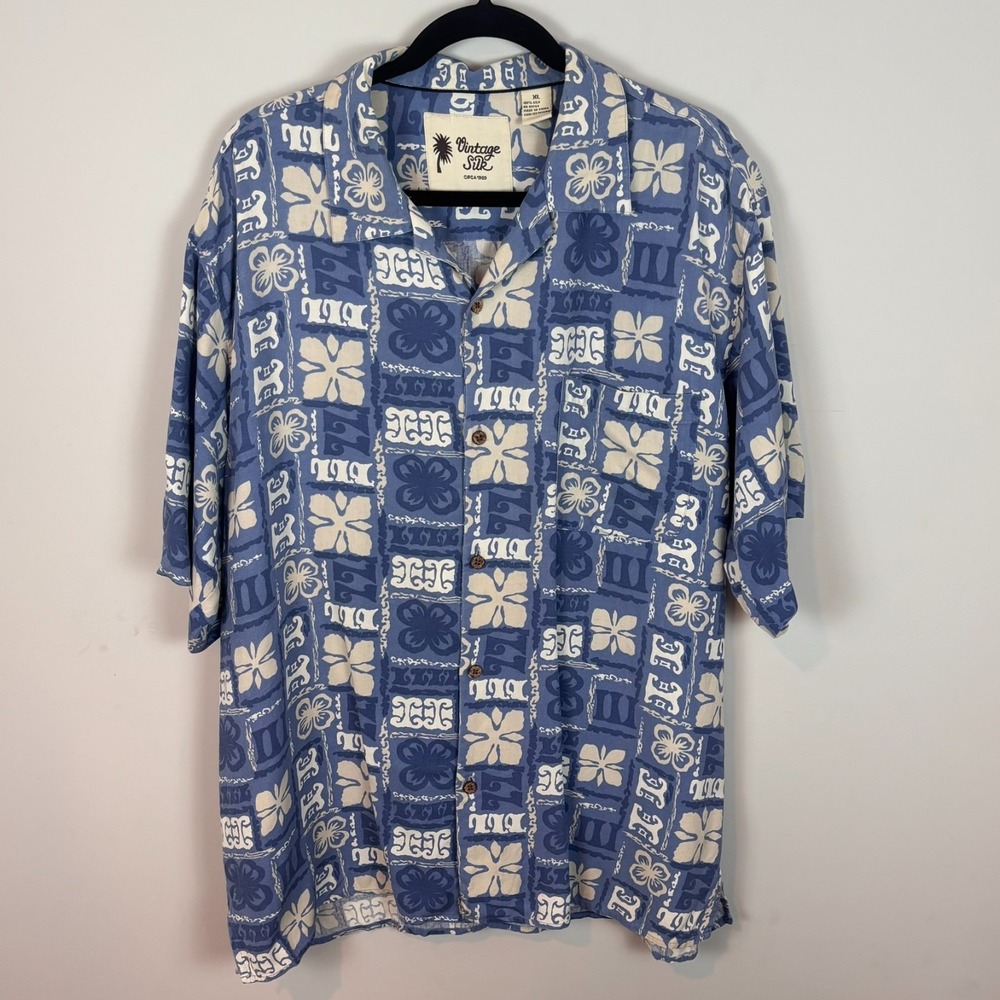 Vintage Silk Mens Blue Floral Hawaiian Tropical 100% Silk Button up Shirt‎ SZ XL
